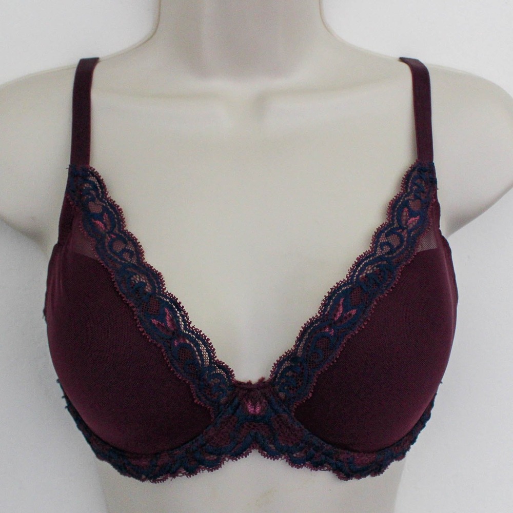 Natori Bra Size 32DD Purple Lace Trim Plunge Underwire Feathers 730023